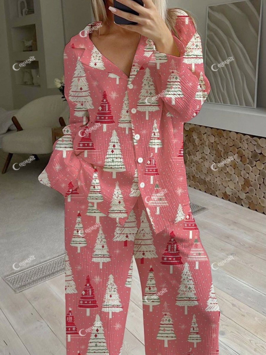 Women's Christmas Hand-Painted Art Christmas Tree Pattern Long Sleeve Pants Set