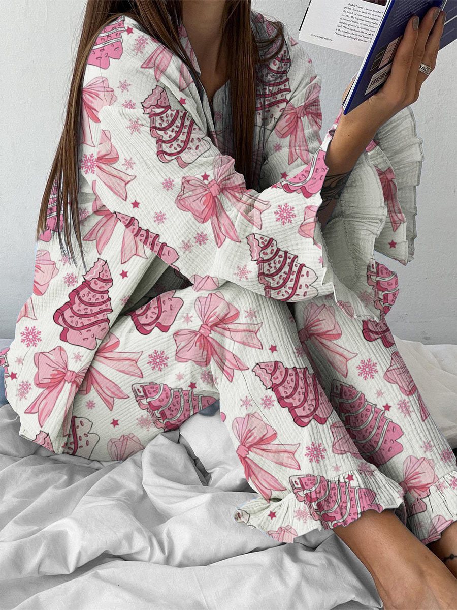 Women's Cotton Pink Christmas Printed Home Long Sleeve Suit