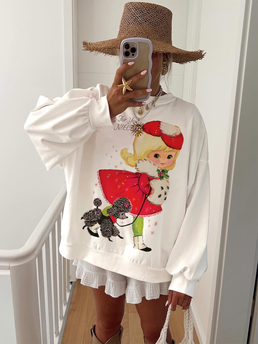 Women's Cotton Christmas Vintage Girls Printed Home Long Sleeve Sweate