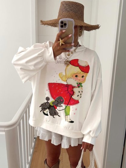 Women's Cotton Christmas Vintage Girls Printed Home Long Sleeve Sweater