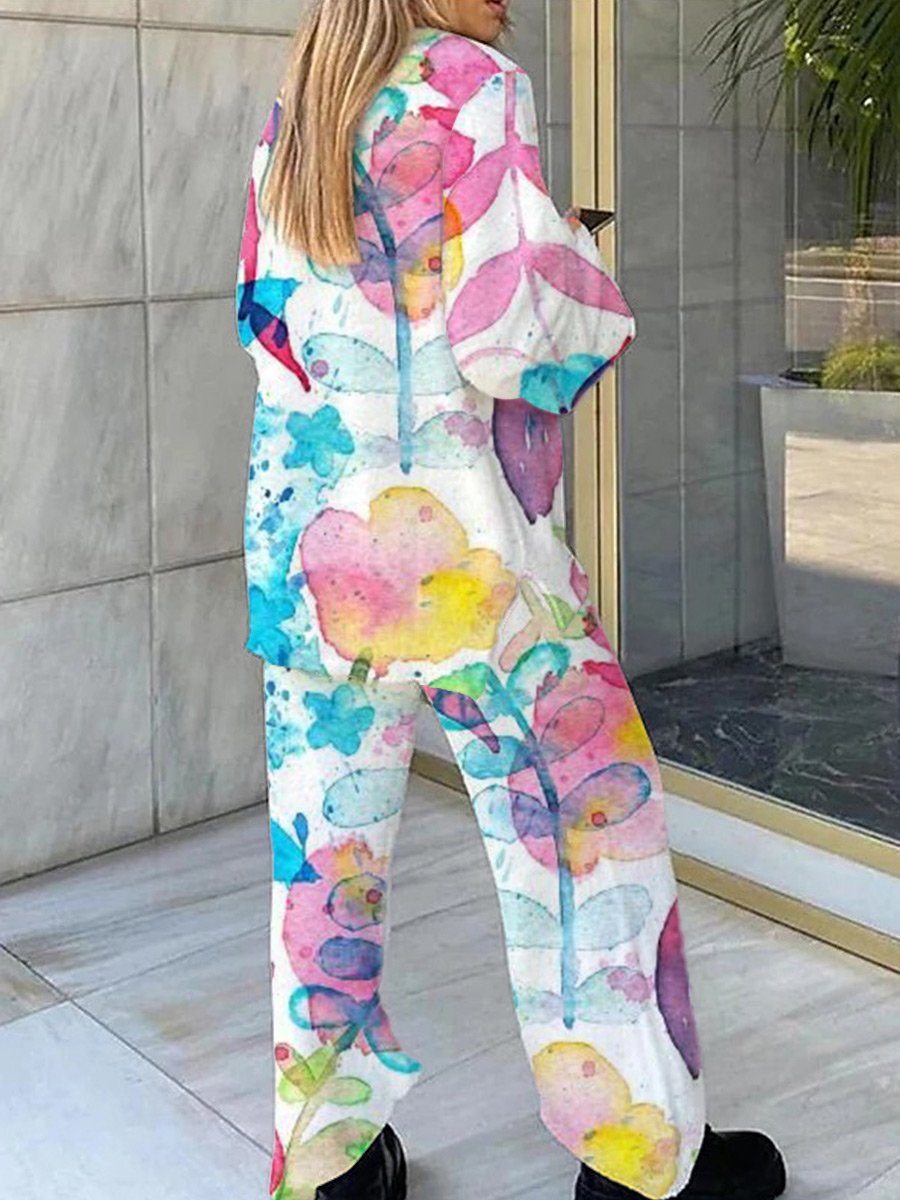 Women's Colorful Watercolor Botanical Pattern V-Neck Long Sleeve Pants Suit
