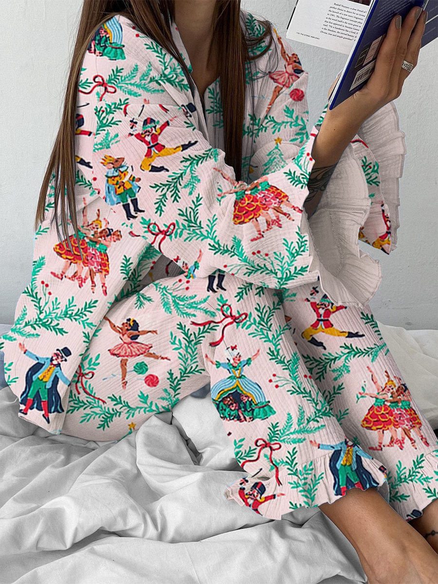 Women's Pink Christmas Art Painting Printed Home Long Sleeve Suit