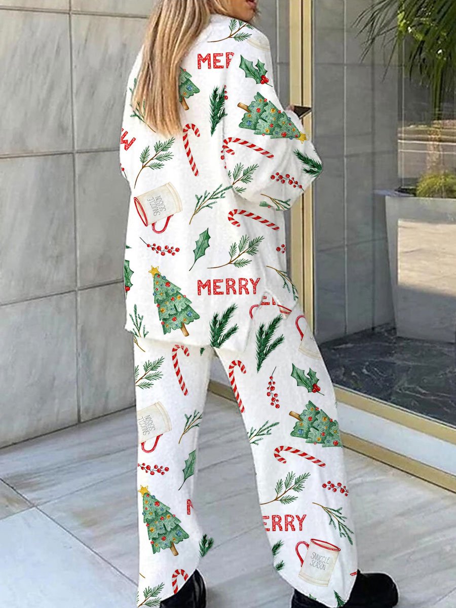 Women's Christmas Tree Candy Cane Pattern V-Neck Long Sleeve Pants Suit