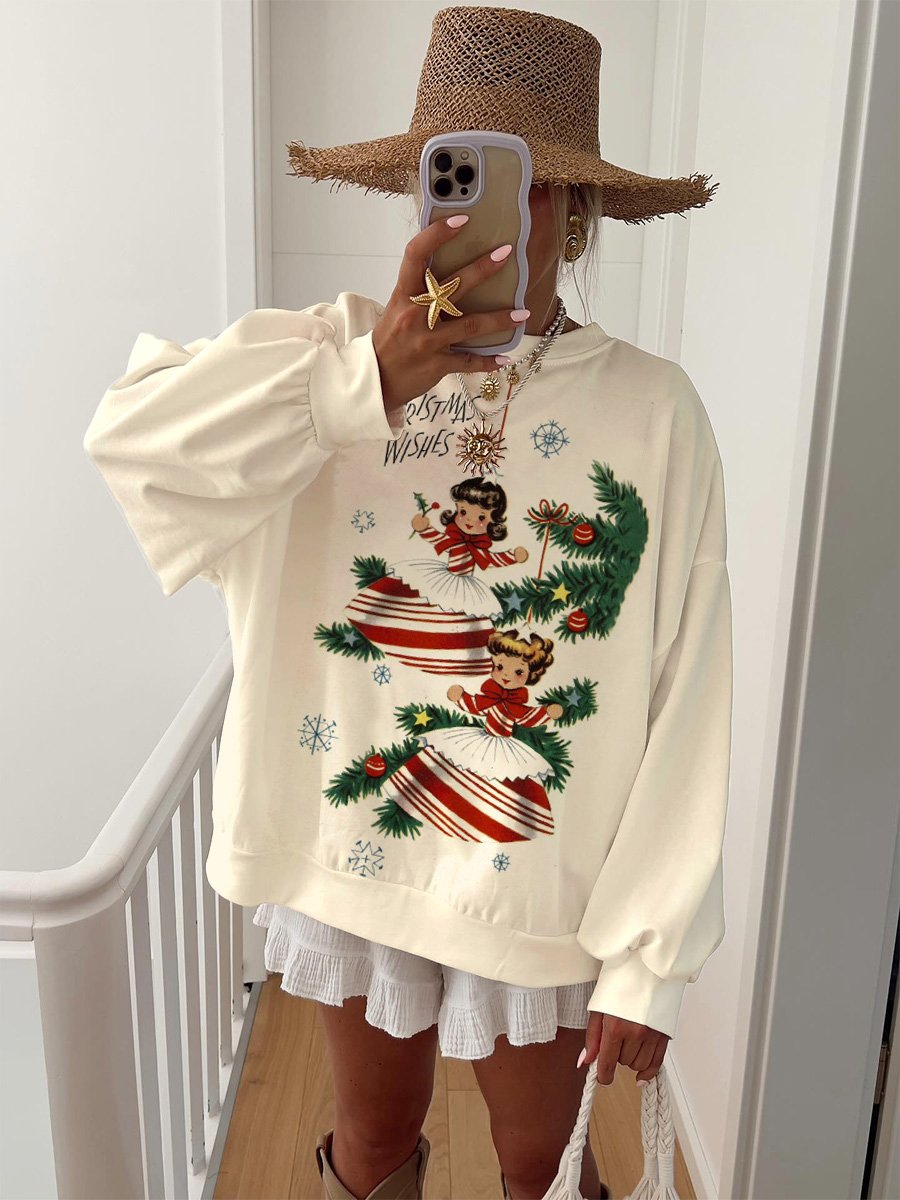 Women's Beige Christmas Retro Print Home Long Sleeve Sweater