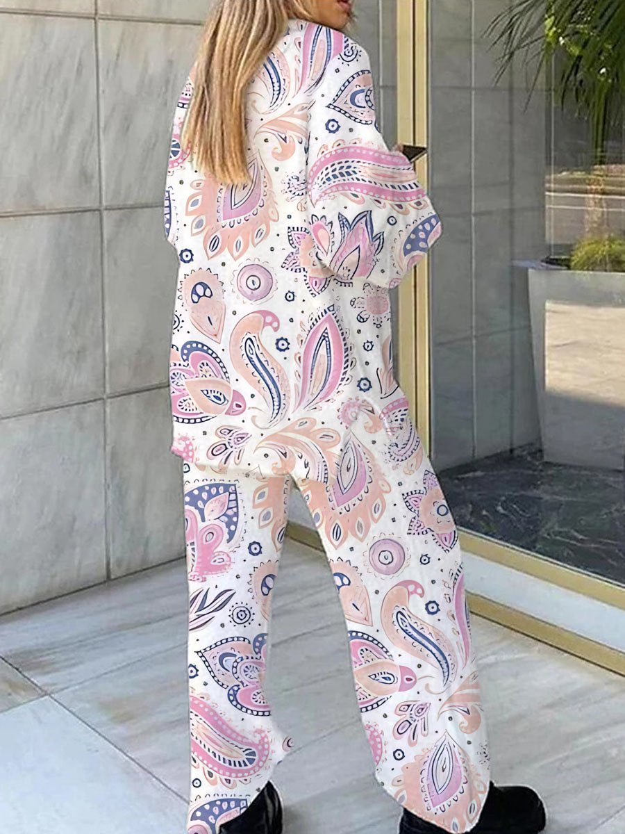 Women's Elegant Bohemian Printed V-Neck Suit