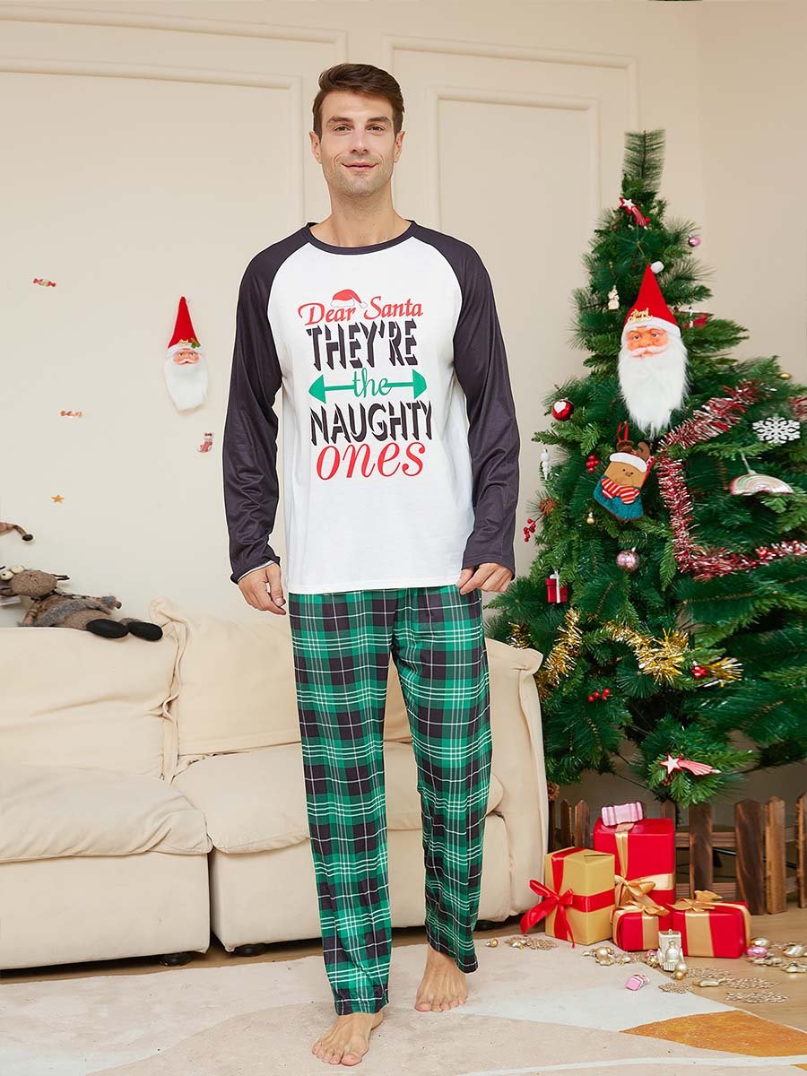 Home Clothes Set Christmas Letters Green Plaid Printed Family Pajamas