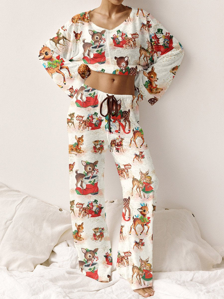 Women's Christmas Fun Vintage Deer Art Print Casual Suit