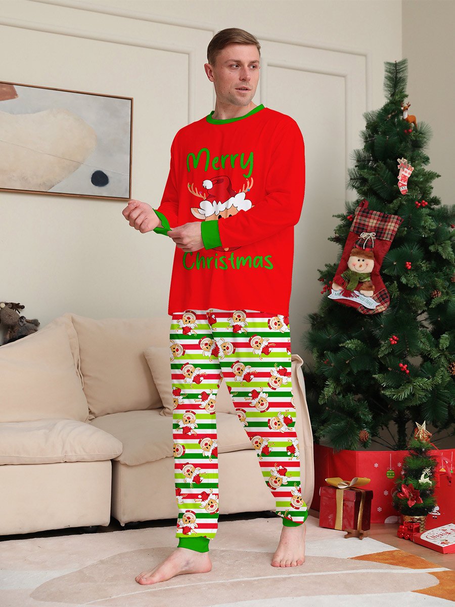 Christmas Hat Deer Head Print Family Lounge Clothing Set