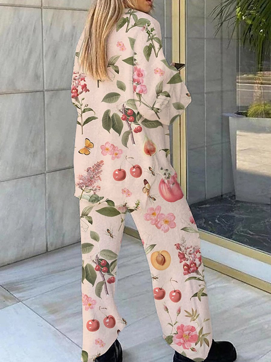 Women's Fruit Butterfly Floral Print V-Neck Suit