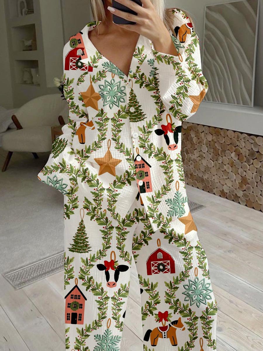 Women's Christmas Ranch Animal Print Cardigan Homewear Set