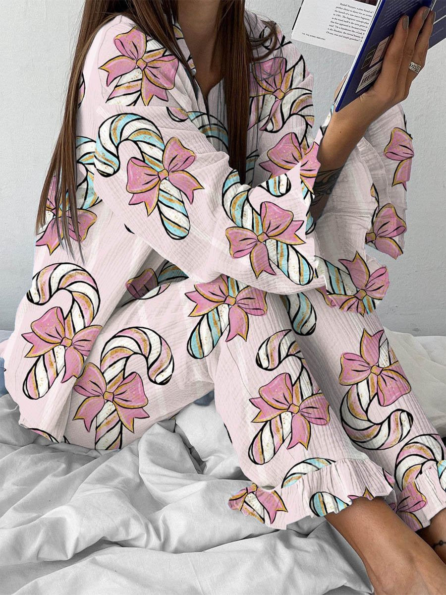 Women's Christmas Bow Candy Cane Ruffles Fairy Pink Pajama Set
