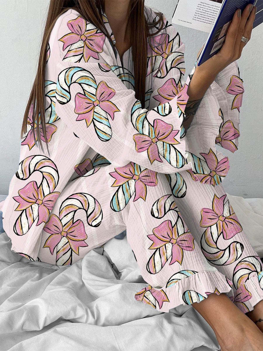 Women's Christmas Bow Candy Cane Ruffles Fairy Pink Pajama Set