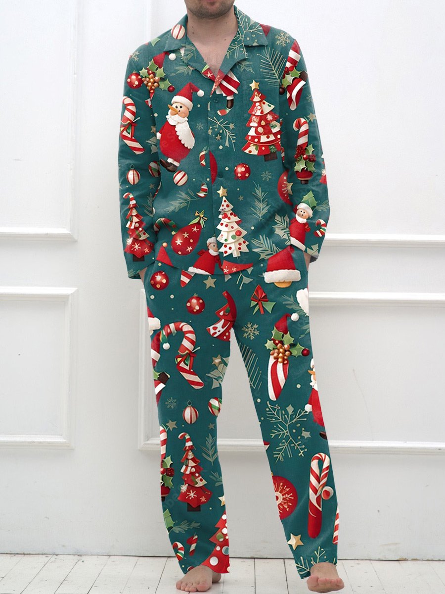 Men's Emerald Green Christmas Printed Lounge Long Sleeve Suit