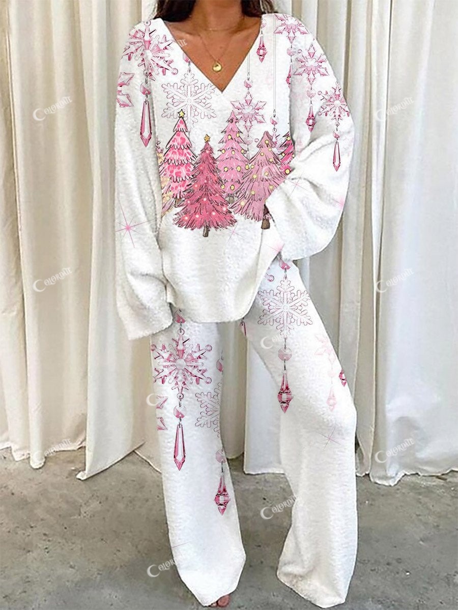 Women's Pink Glitter Christmas Tree and Crystal Snowflake Cozy Rocker Pajama Set