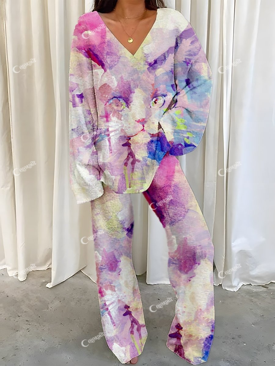 Women's Bright Oil Painted Cat Print Polar Fleece Suit