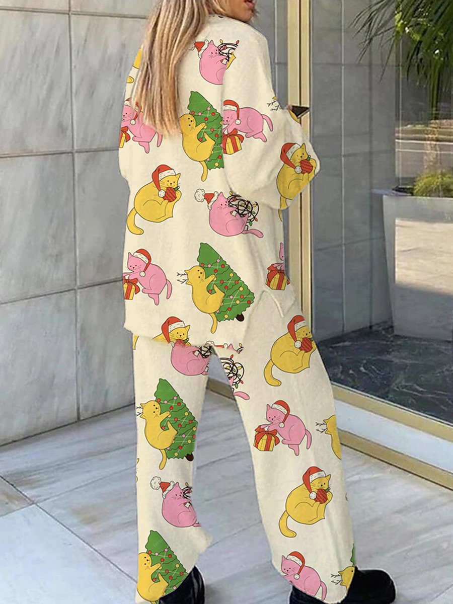 Women's Beige Christmas Funny Animal Print Home Long Sleeve Suit