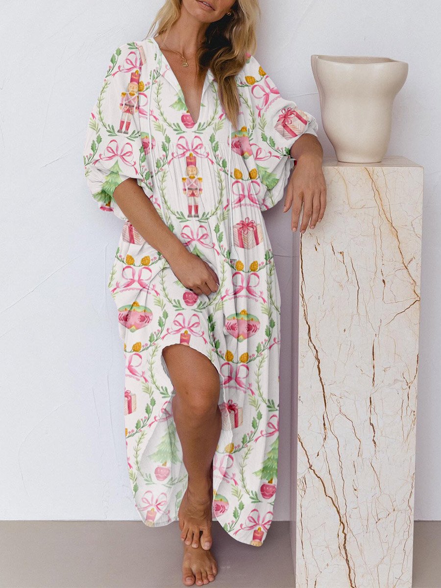 Women's Pink Ribbon Christmas Print Long Sleeve Dress