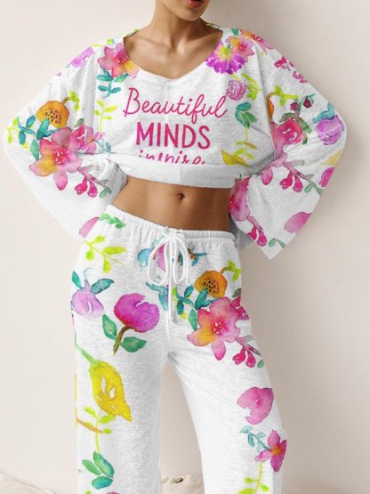 Women's Beautiful Minds ispire Others Elegant Floral Pattern Round Neck Long Sleeve Suit