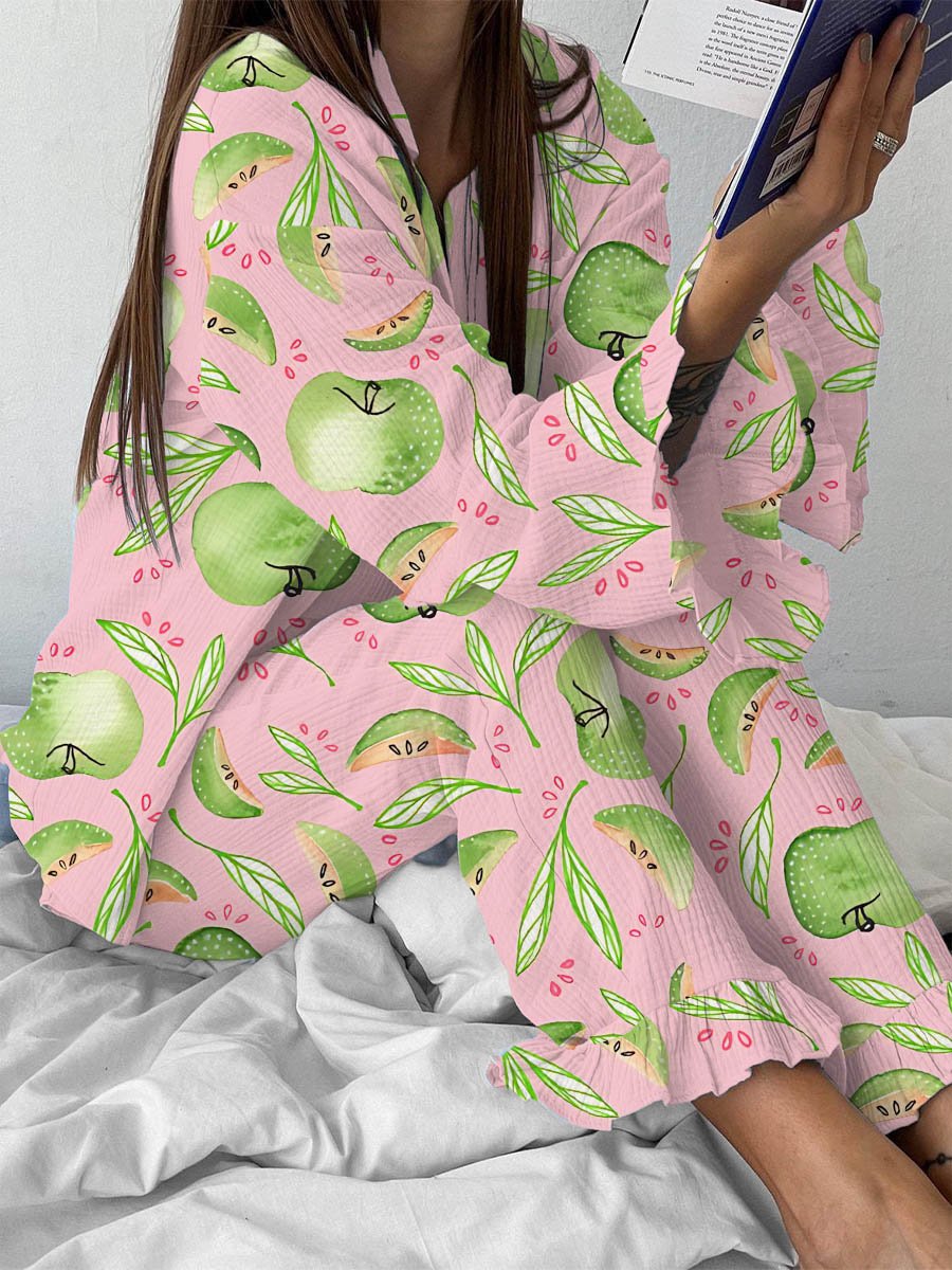 Women's Green Apple Print Ruffled Homewear Set