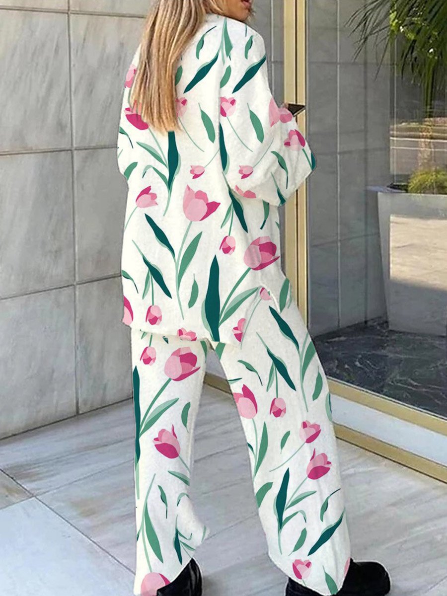 Women's Tulip Pattern V-Neck Long Sleeve Pant Suit