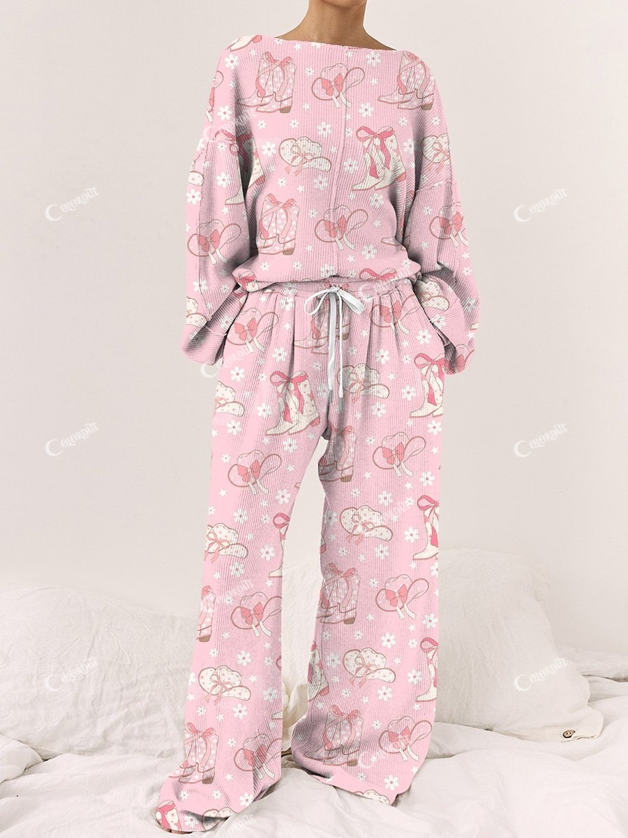 Women's pink printed long-sleeved home suit