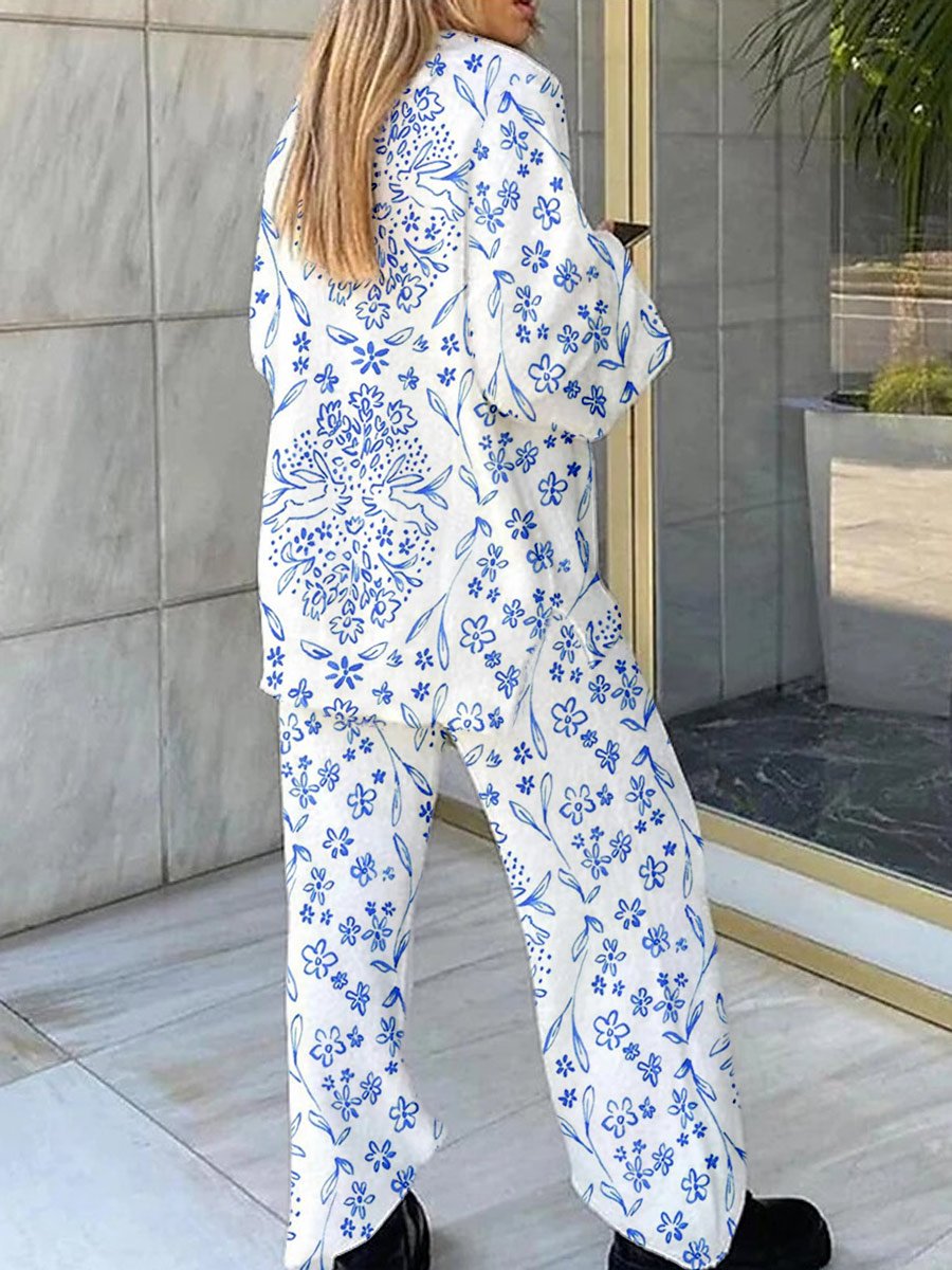 Women's Art Floral Bohemian Print Home Long Sleeve Suit