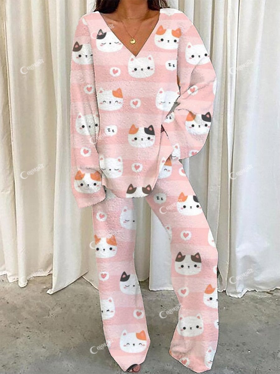 Ladies Pink Cat Furry Polar Fleece Cute Pajama Set