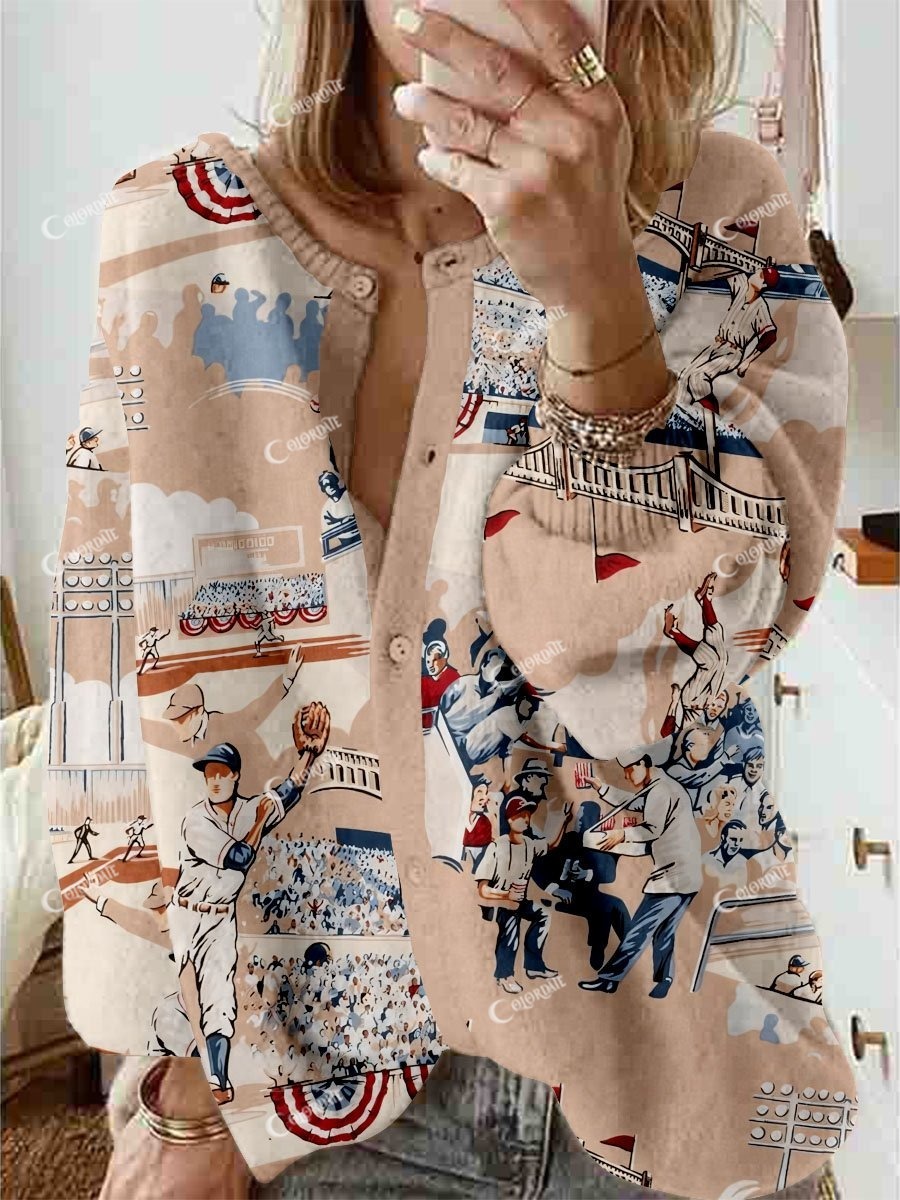 Women's Retro Baseball Pictorial Print Cardigan Sweater