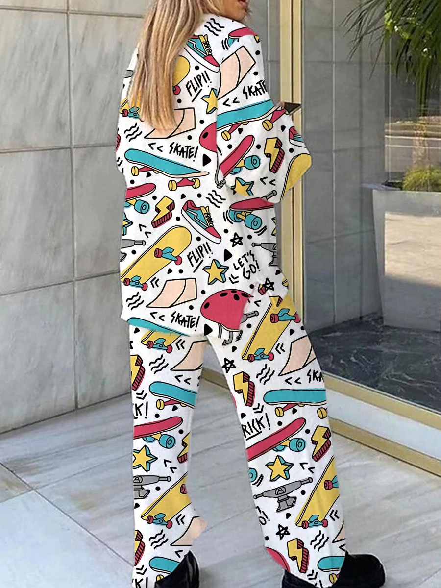 Women's Skateboard Helmet Printed V-Neck Suit
