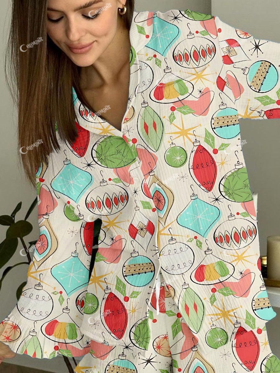 Women's Christmas Lantern Printed Ruffled Homewear Set