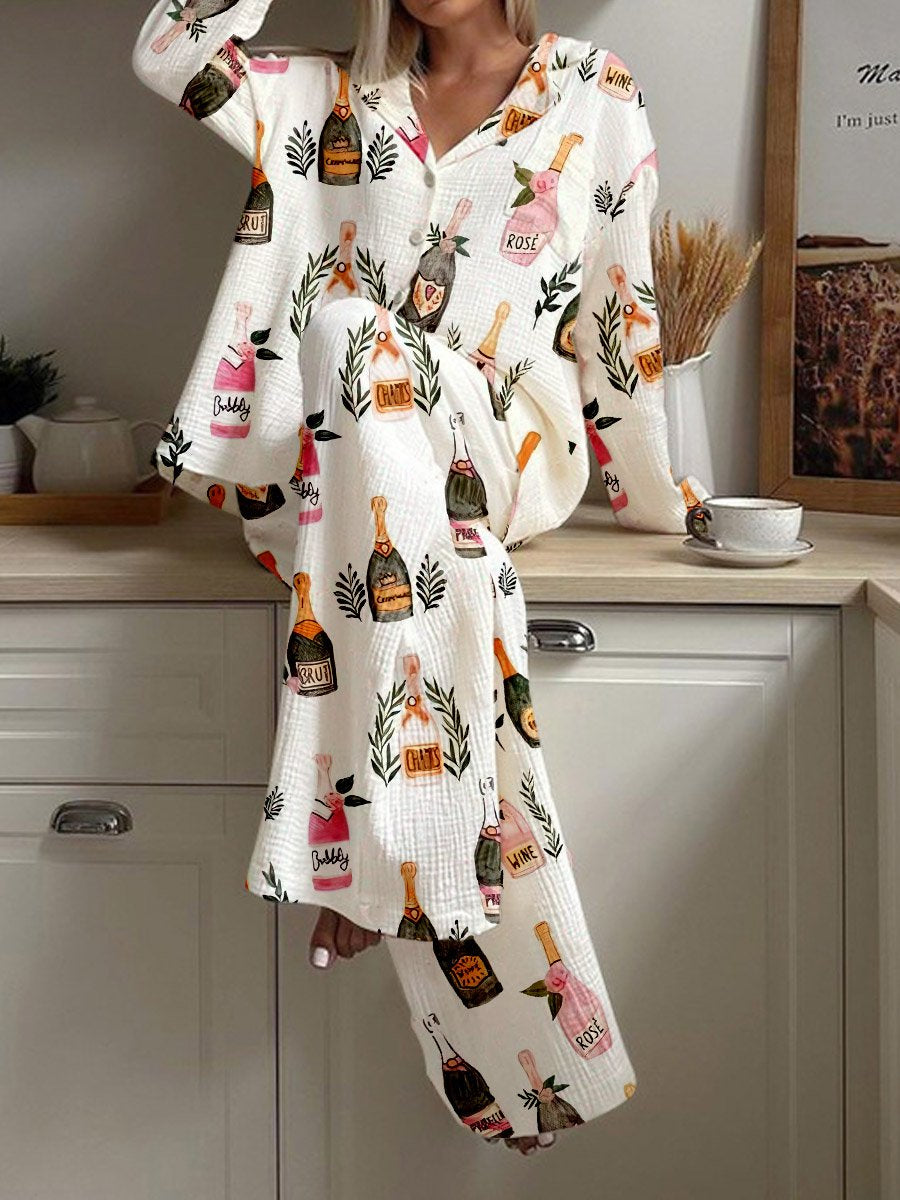 Women's Champagne Bow Print Cardigan Homewear Set