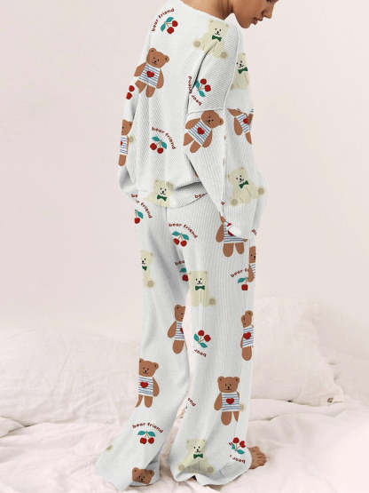Women's Cherry Teddy Bear Casual Linen Cotton Set