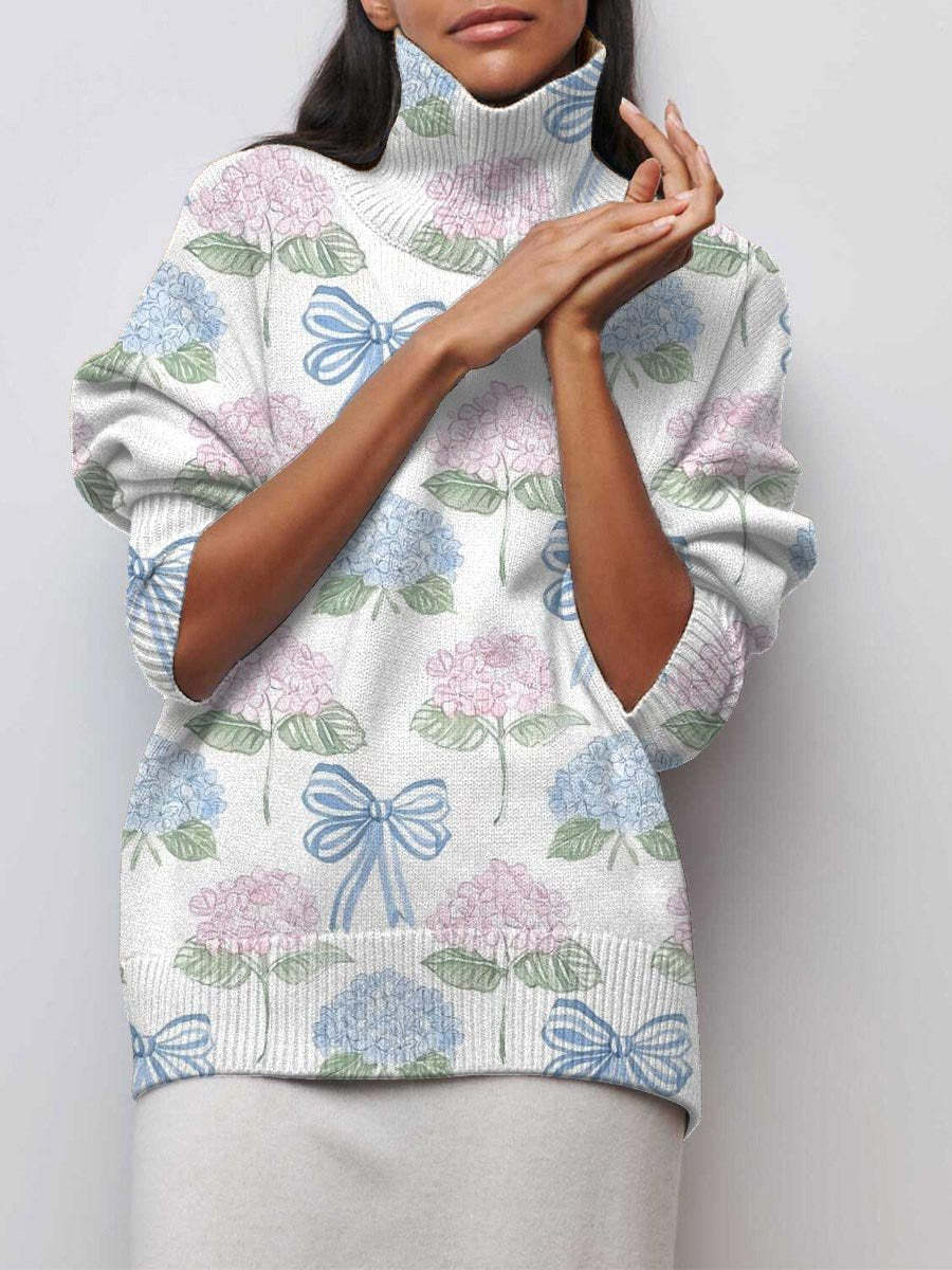 Women's Bow and Hydrangea Fresh Elegant Pullover Sweater