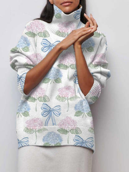 Women's Bow and Hydrangea Fresh Elegant Pullover Sweater