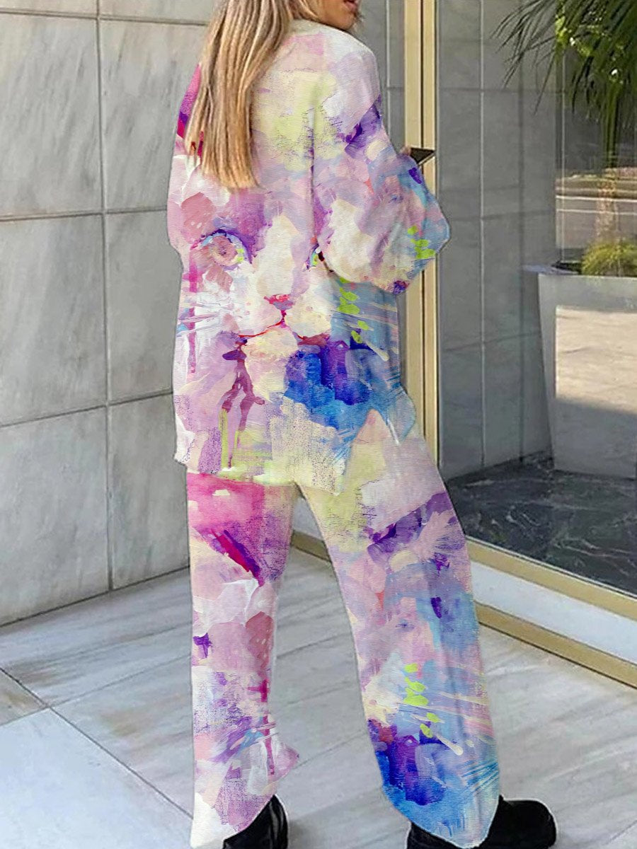 Women's Bright Oil Painted Cat Print Polar Fleece Suit