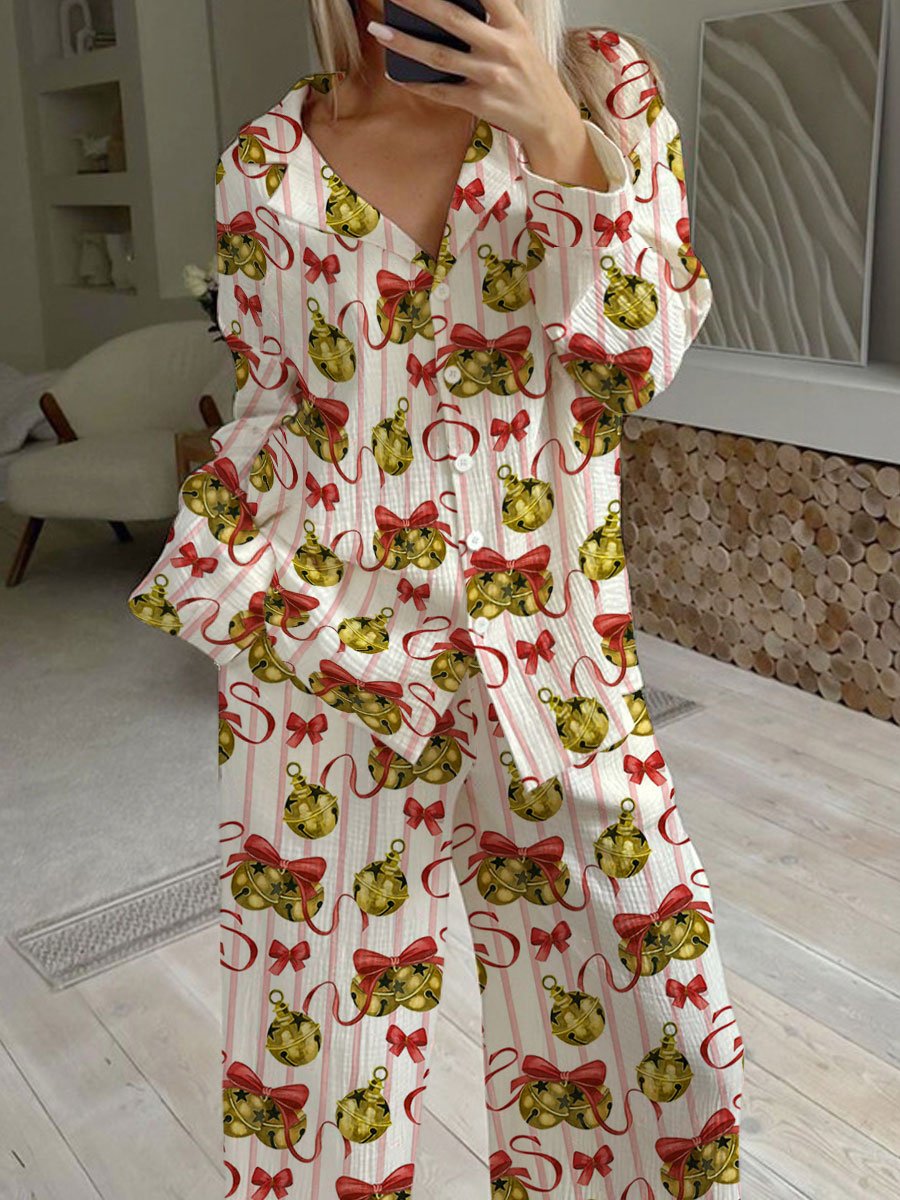 Women's Christmas Bell Art Painting Printed Home Long Sleeve Suit