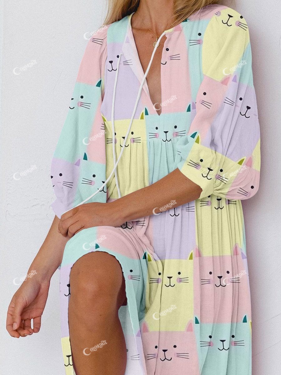 Women's Multicolor Cute Cat Plaid Print Long Sleeve Dress