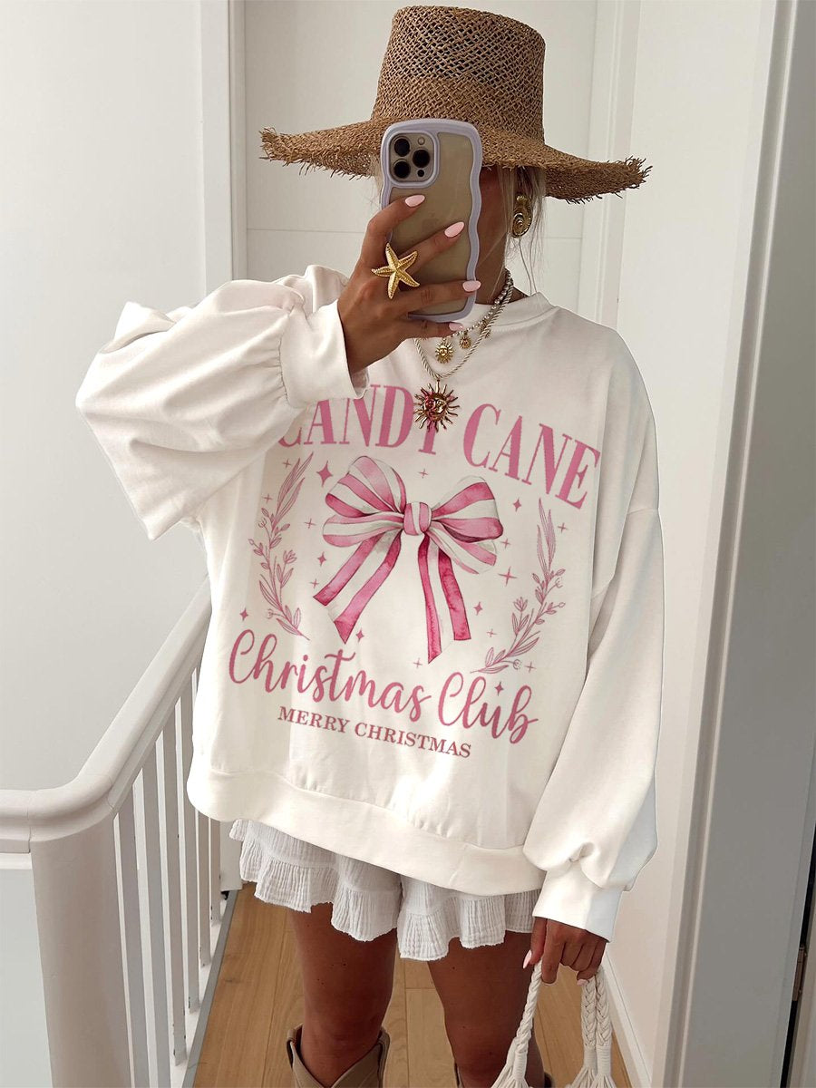 Women's Cotton Christmas Striped Bowknot Printed Home Long Sleeve Sweater