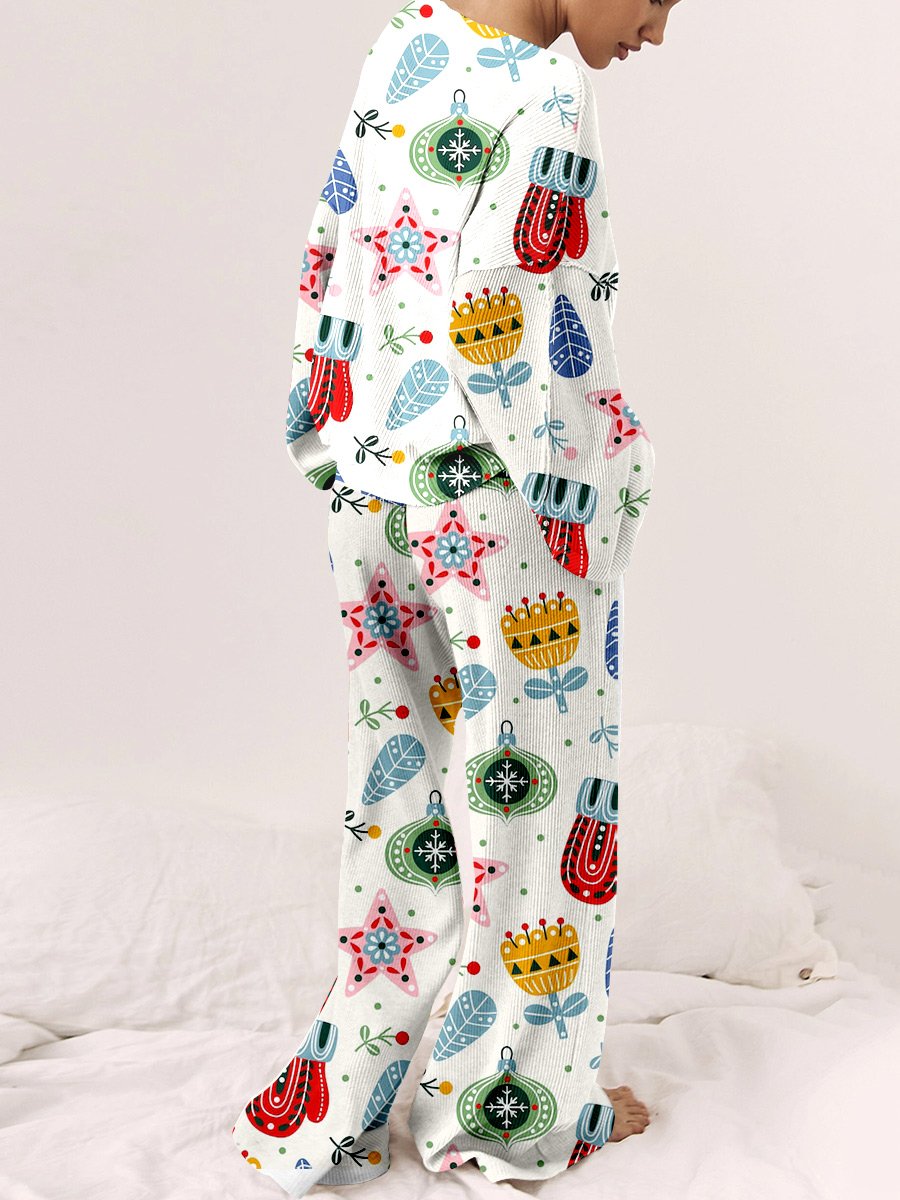 Women's Christmas Art Painting Printed Home Long Sleeve Suit