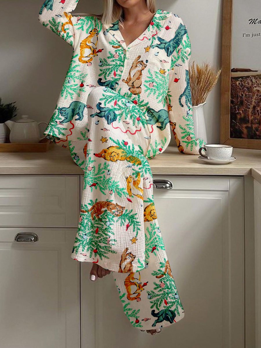 Women's Retro Christmas Tree Cat Print Cardigan Homewear Set