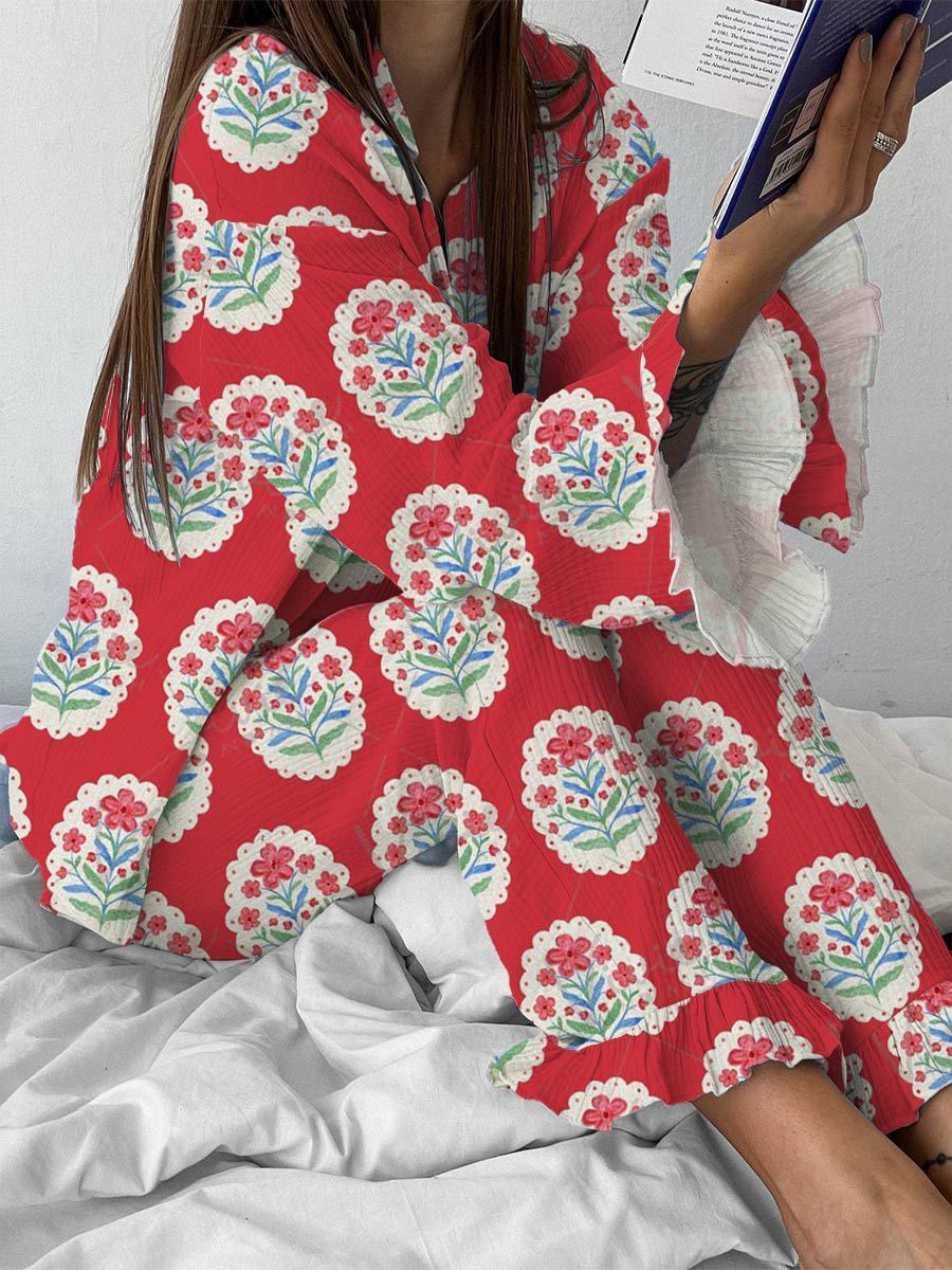 Women's Artistic Floral Pattern Ruffled Long Sleeve Pants Set