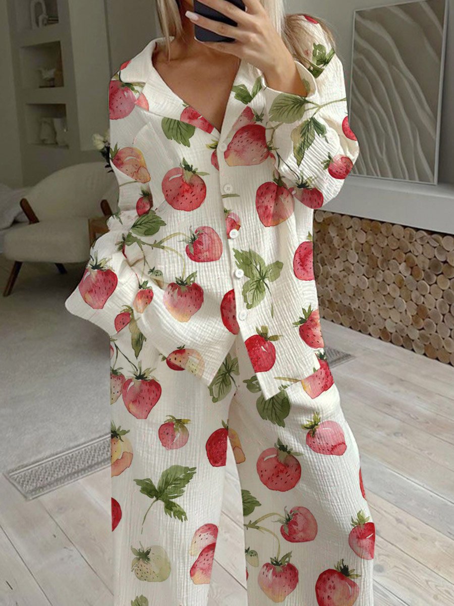 Women's Strawberry Hand-Painted Long Sleeve Pants Set