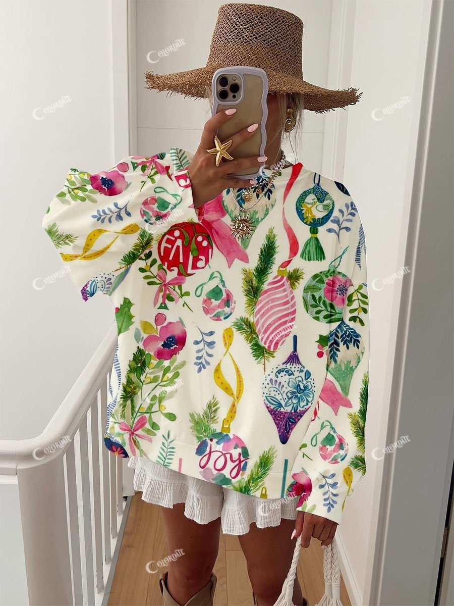 Women's Vintage Christmas Lights Watercolor Print Crewneck Sweatshirt