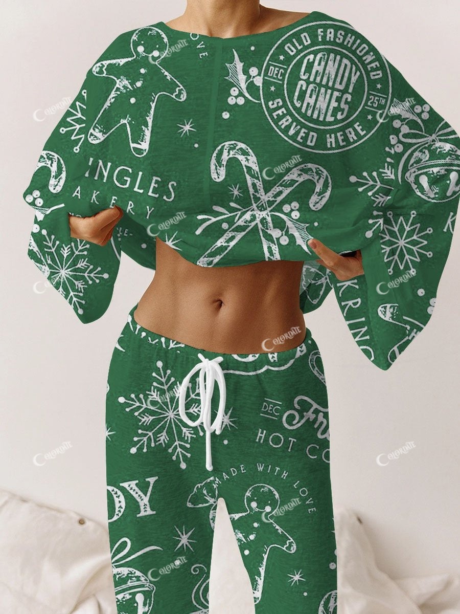Women's Green Vintage Christmas Print Round Neck Linen Cotton Knit Suit