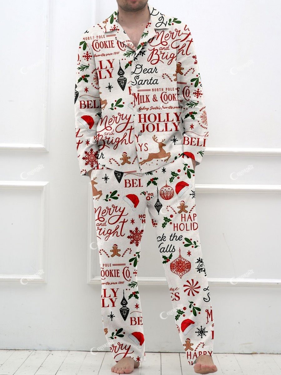 Men's Retro Christmas Text Print Long Sleeve Pants Pajama Set