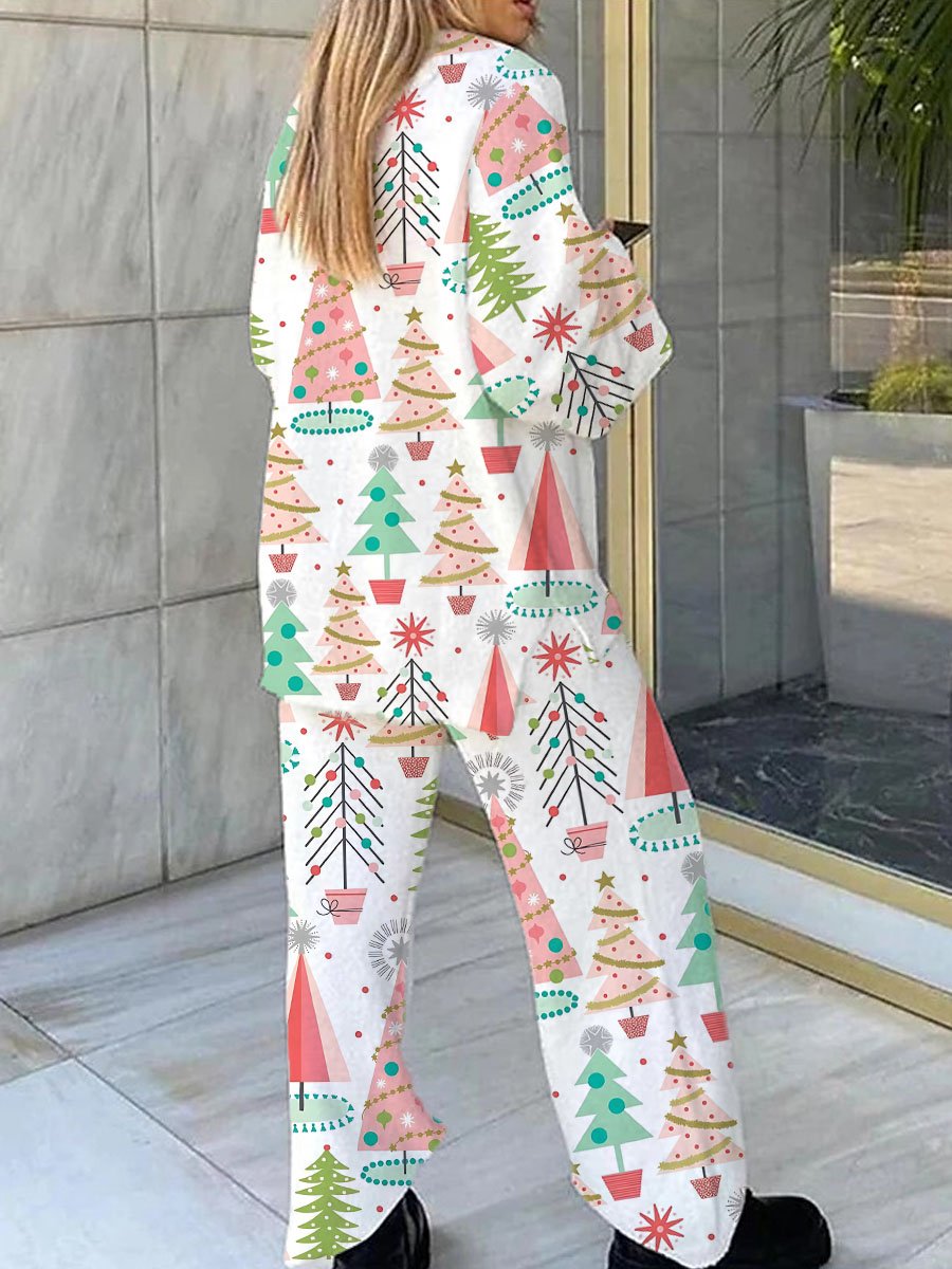 Women's Christmas Tree Various Printed V-Neck Long Sleeve Cotton Suit