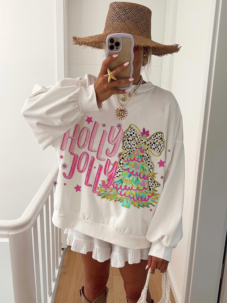 Women's Christmas Leopard Print Bow Christmas Tree Print Home Long Sleeve Sweater