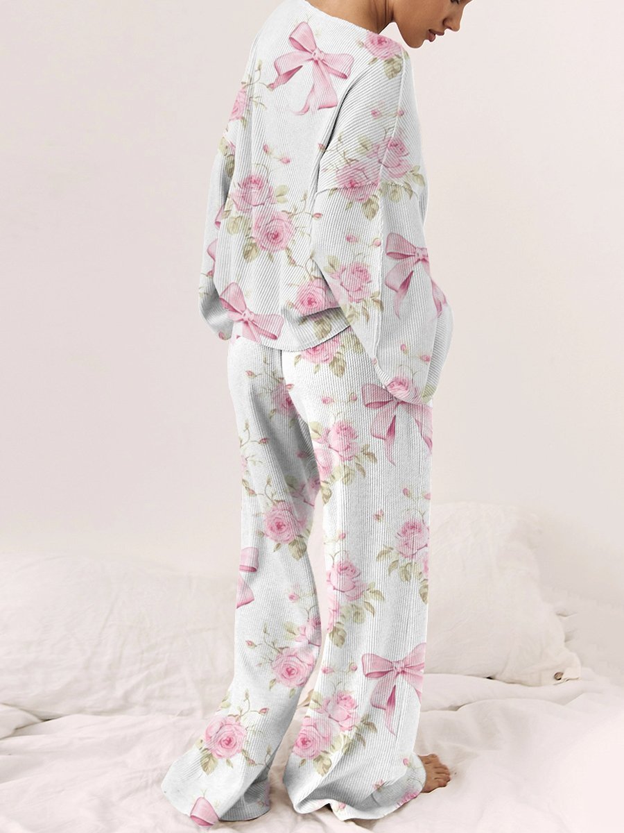Women's Bow Flower Long Sleeve Pants Suit