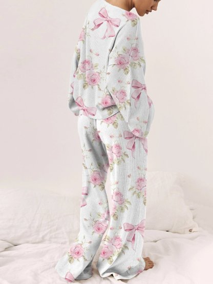 Women's Bow Flower Long Sleeve Pants Suit