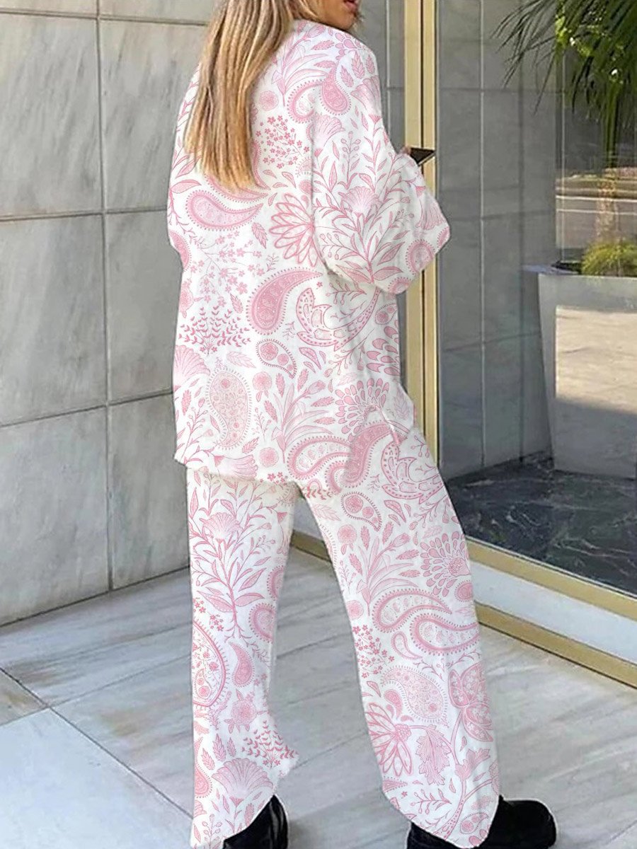 Women's Bohemian Pattern V-Neck Long Sleeve Pants Set
